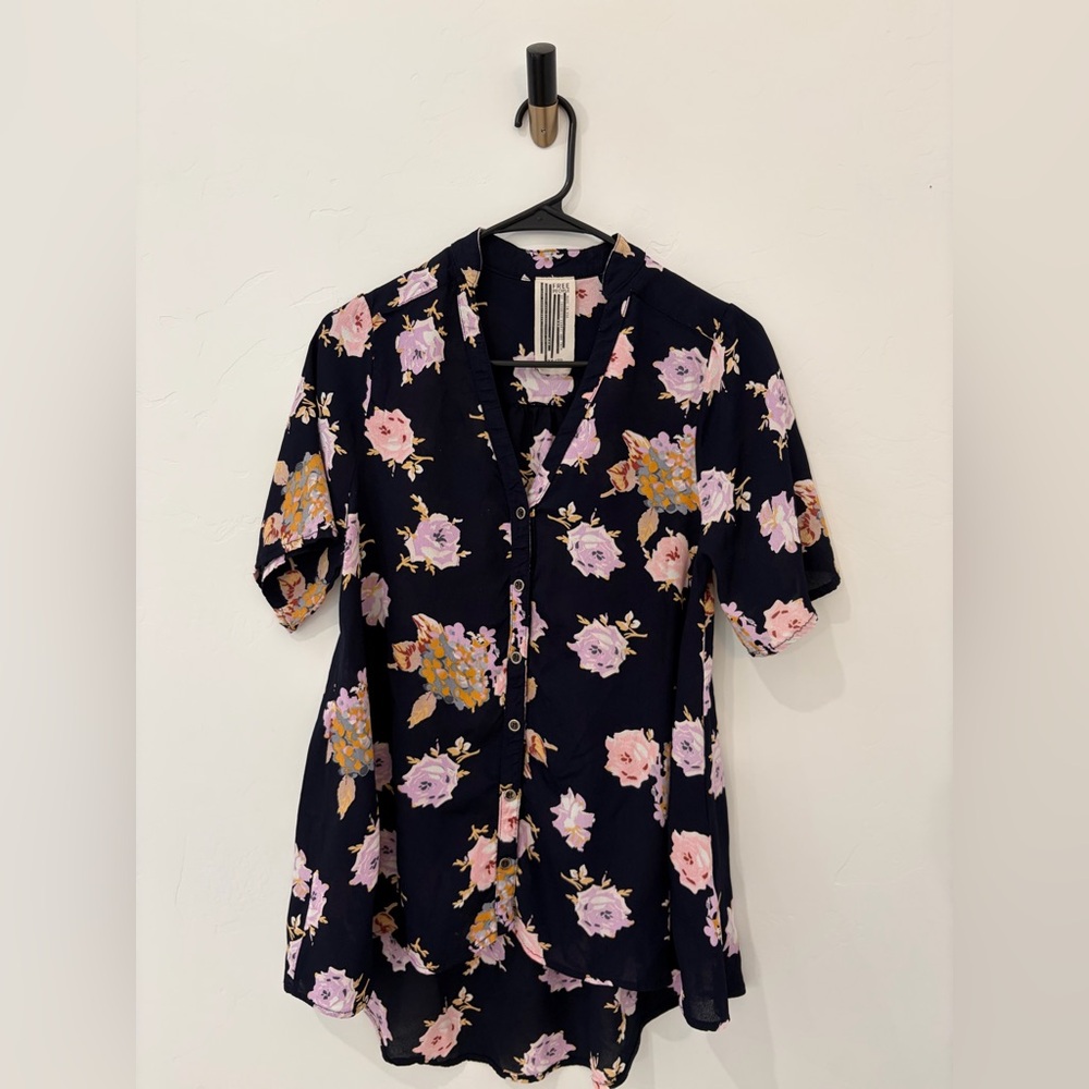 Free People Navy Floral Button Front Tunic Blouse Boho High Low Top